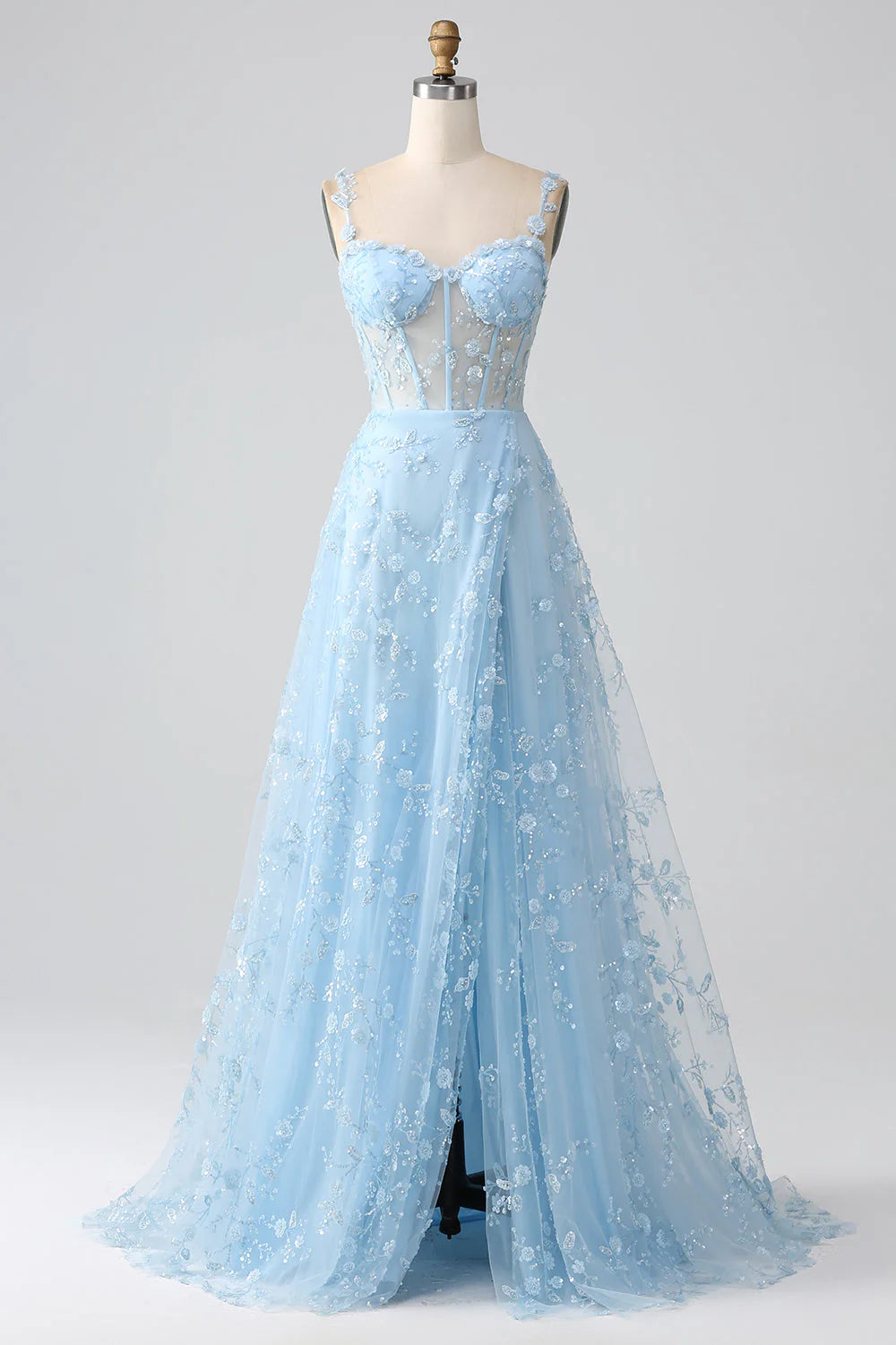 Beaira Sparkly Blue A Line Spaghetti Straps Sequin Corset Prom Dress With Slit