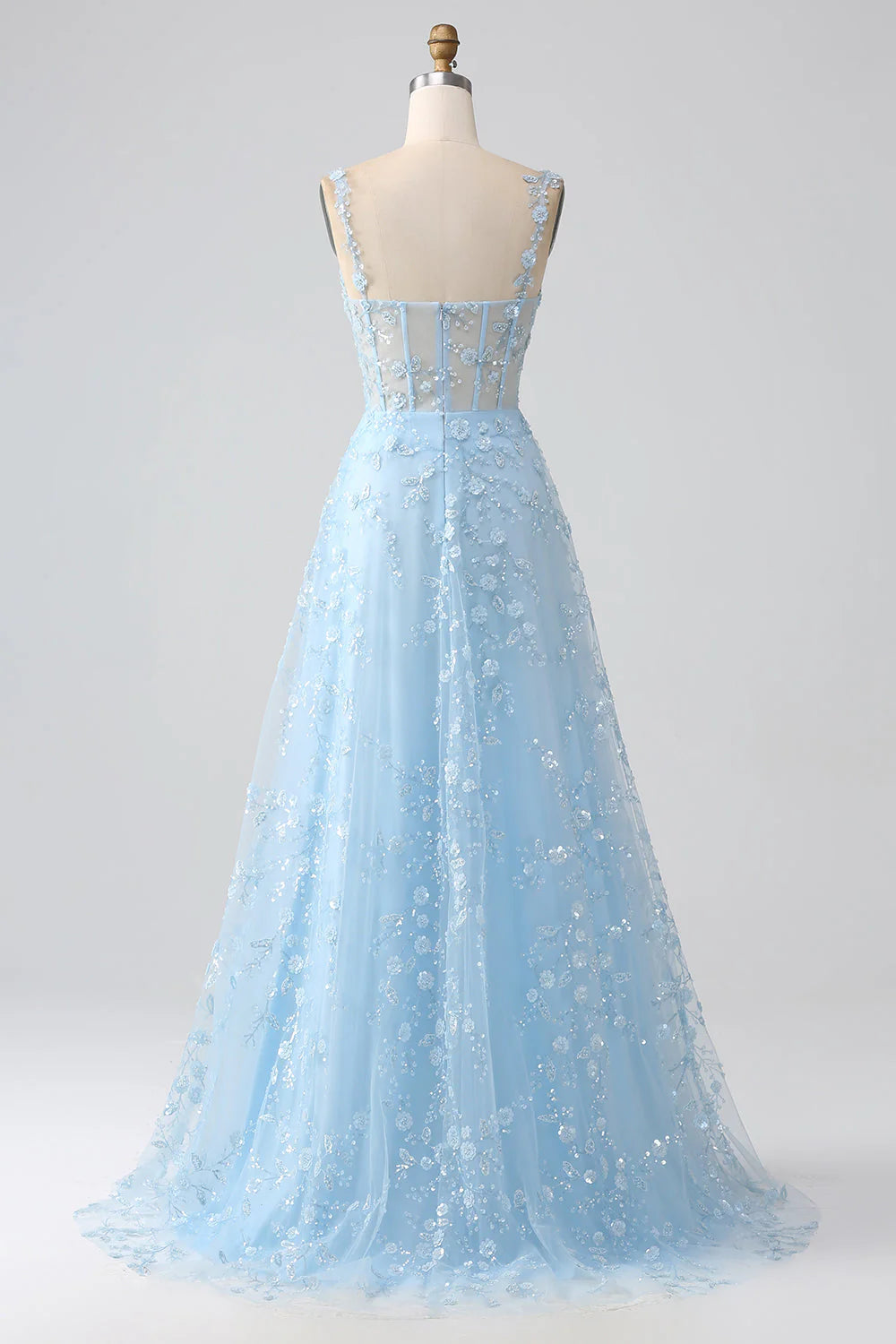 Beaira Sparkly Blue A Line Spaghetti Straps Sequin Corset Prom Dress With Slit