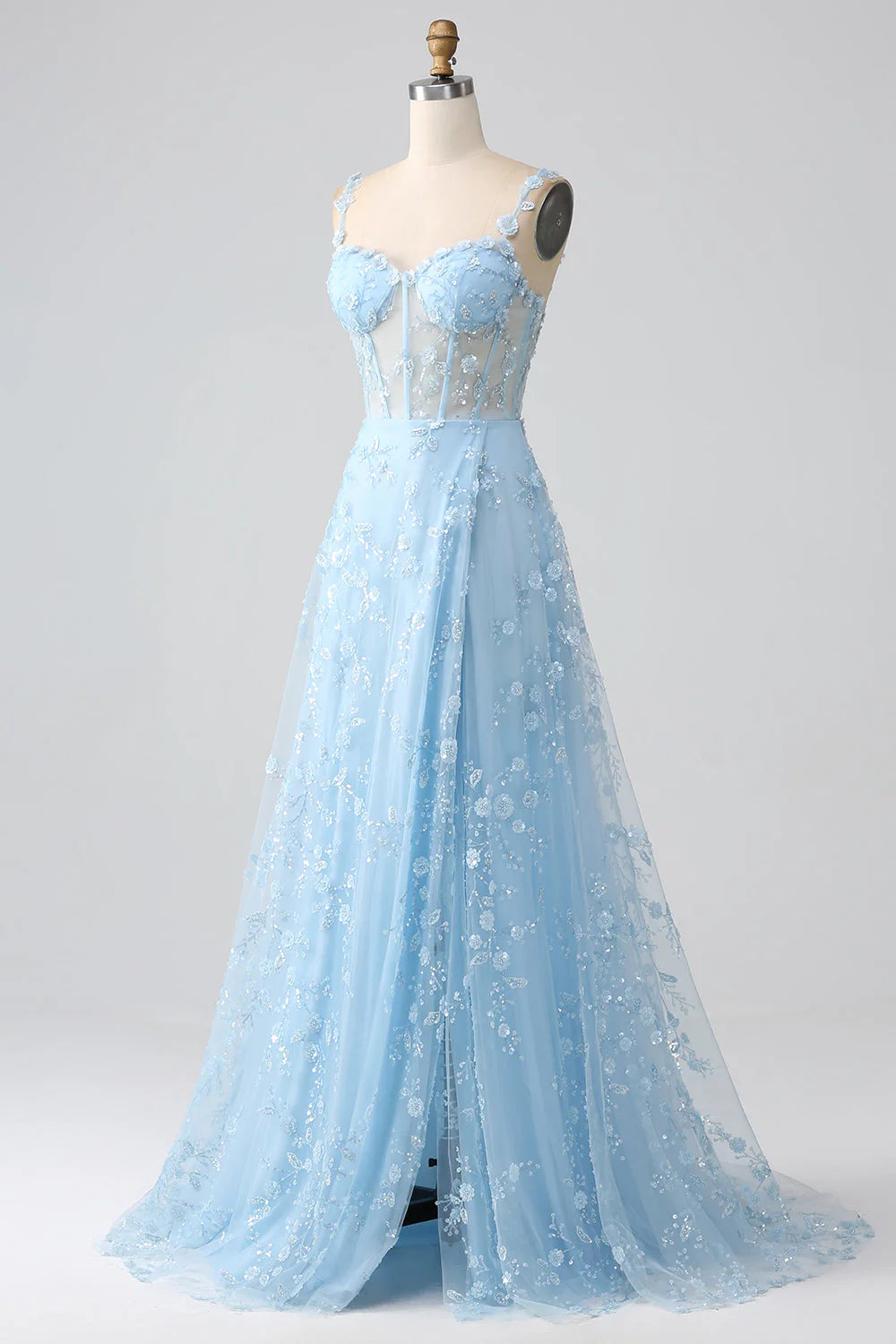 Beaira Sparkly Blue A Line Spaghetti Straps Sequin Corset Prom Dress With Slit