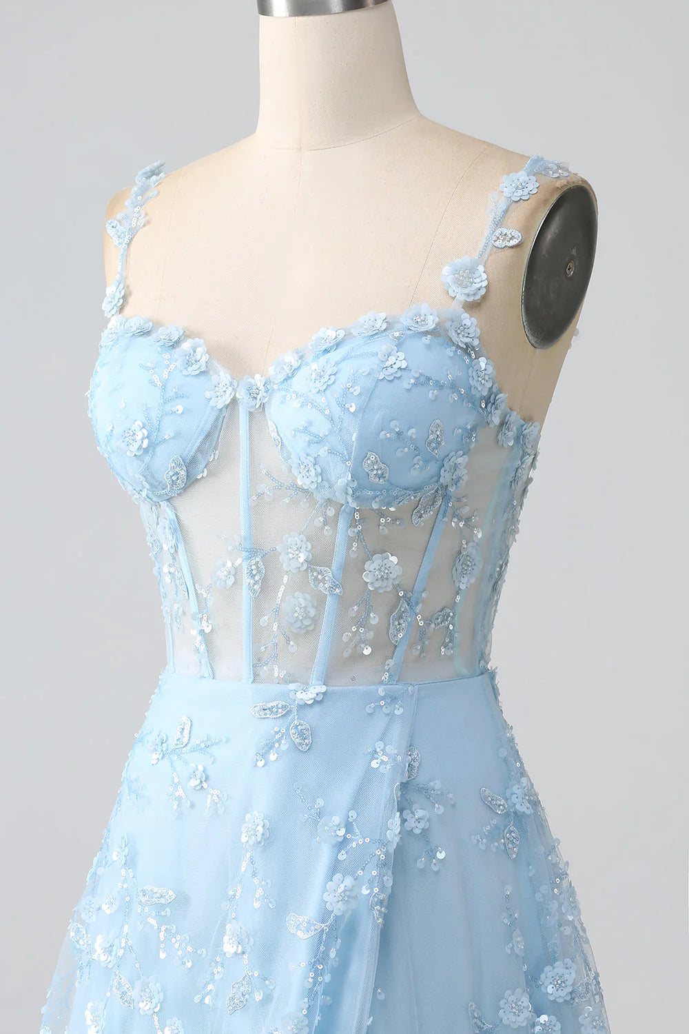 Beaira Sparkly Blue A Line Spaghetti Straps Sequin Corset Prom Dress With Slit