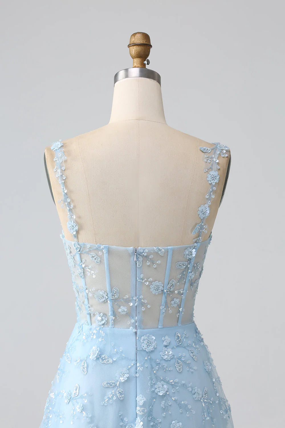 Beaira Sparkly Blue A Line Spaghetti Straps Sequin Corset Prom Dress With Slit