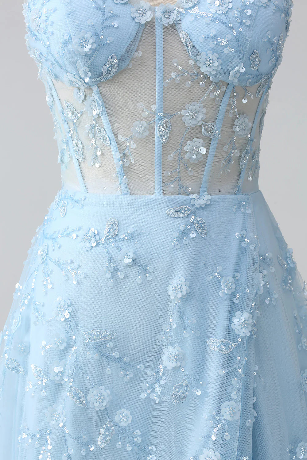 Beaira Sparkly Blue A Line Spaghetti Straps Sequin Corset Prom Dress With Slit