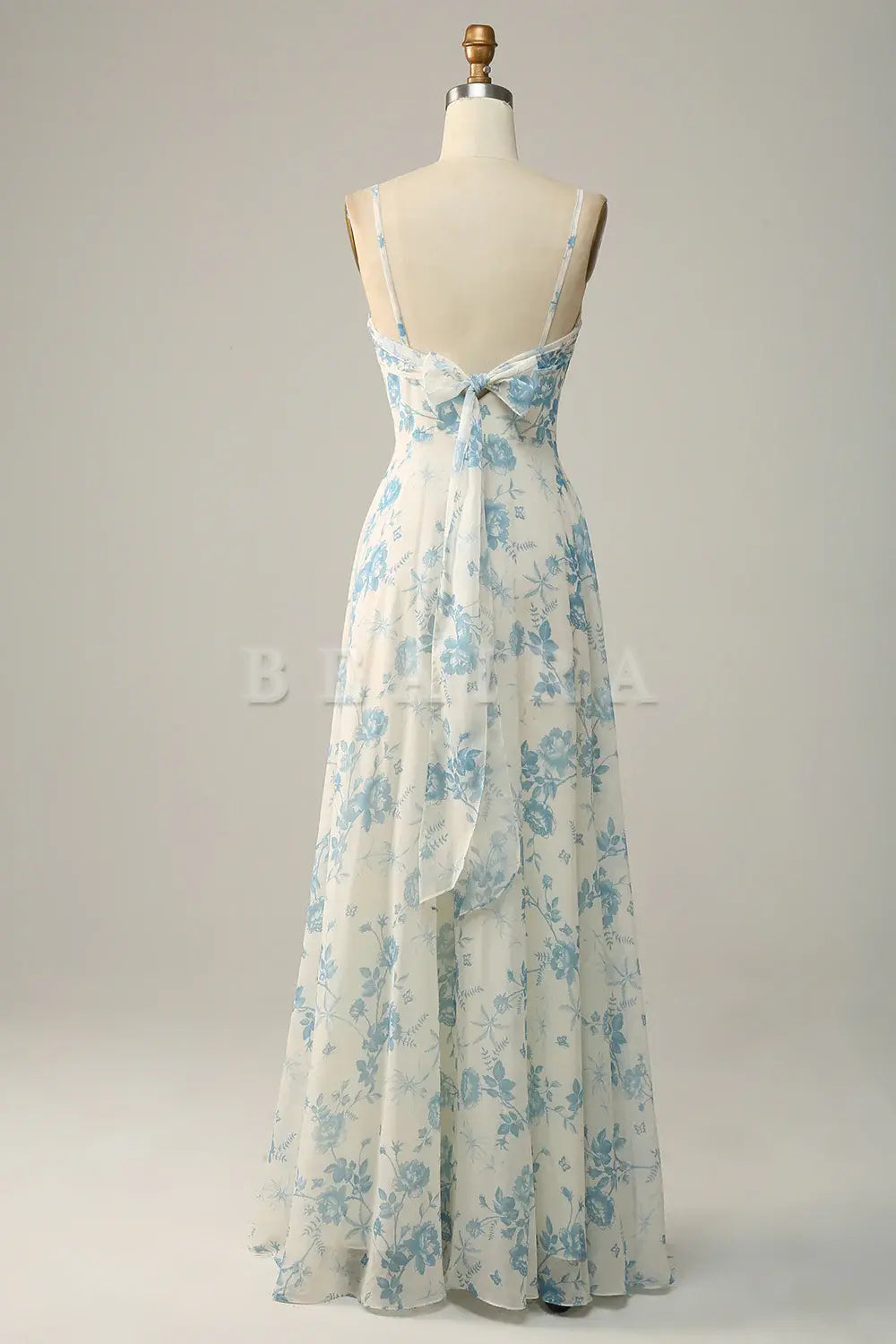 Beaira White Blue Flower A-Line Spaghetti Straps Chiffon Floor-Length Bridesmaid Dress Bridesmaid dress shop