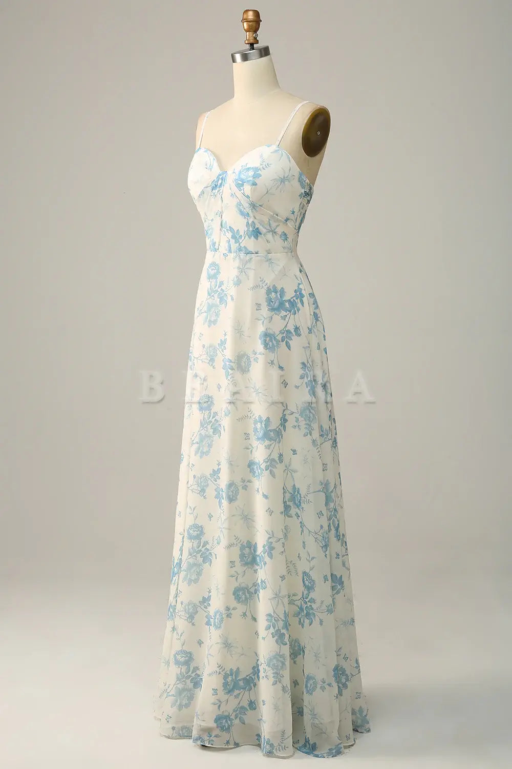 Beaira White Blue Flower A-Line Spaghetti Straps Chiffon Floor-Length Bridesmaid Dress Bridesmaid dress shop