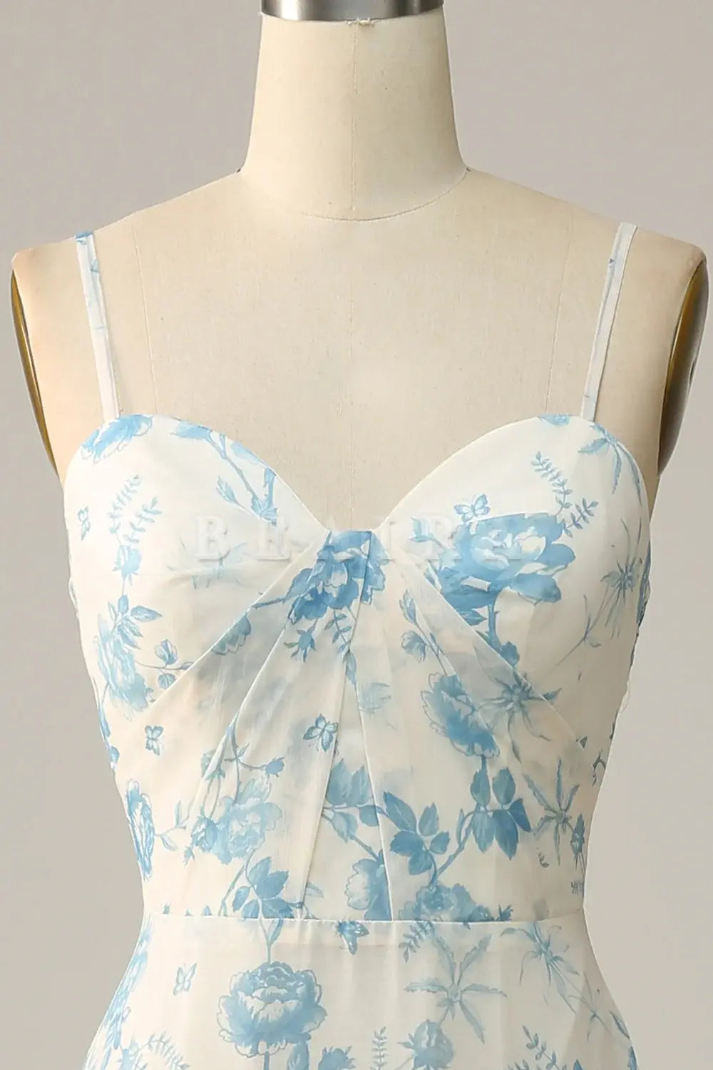 Beaira White Blue Flower A-Line Spaghetti Straps Chiffon Floor-Length Bridesmaid Dress Bridesmaid dress shop