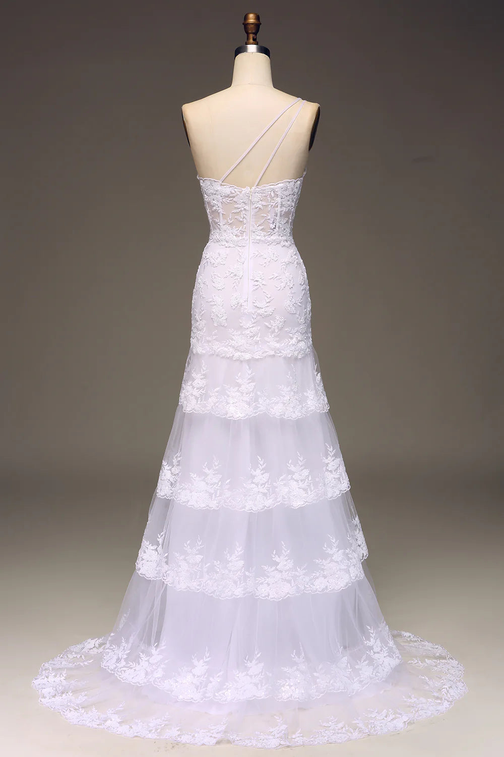Beaira Sparkly White Tiered Lace One Shoulder Long Prom Dress with Slit