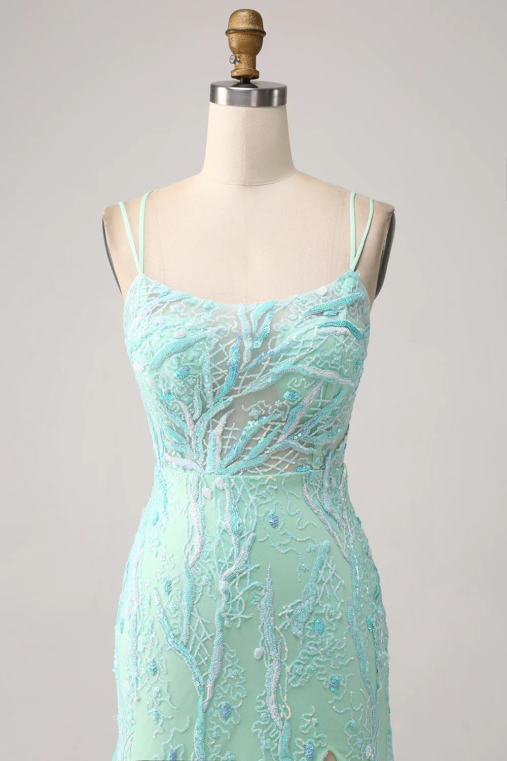 Beaira Green Mermaid Spaghetti Straps Sequins Long Prom Dress with Slit
