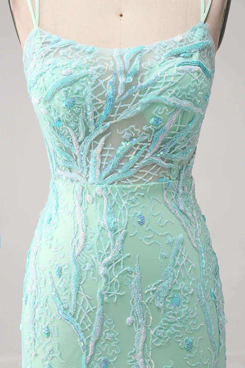 Beaira Green Mermaid Spaghetti Straps Sequins Long Prom Dress with Slit