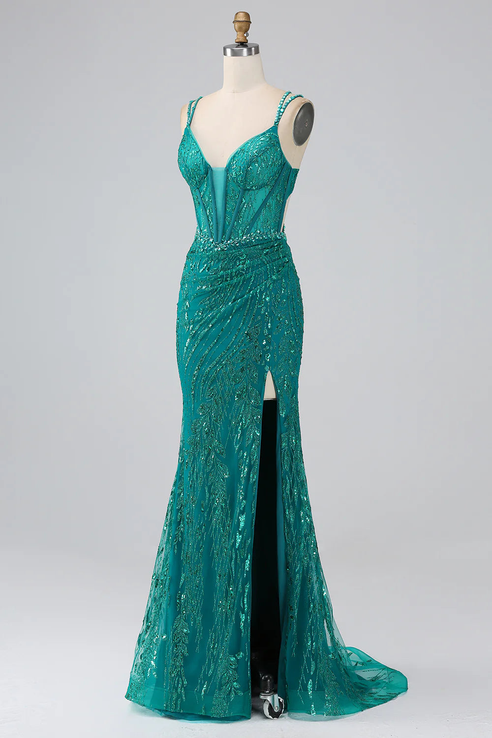 Beaira Dark Green Sparkly Mermaid Spaghetti Straps Corset Prom Dress With Slit