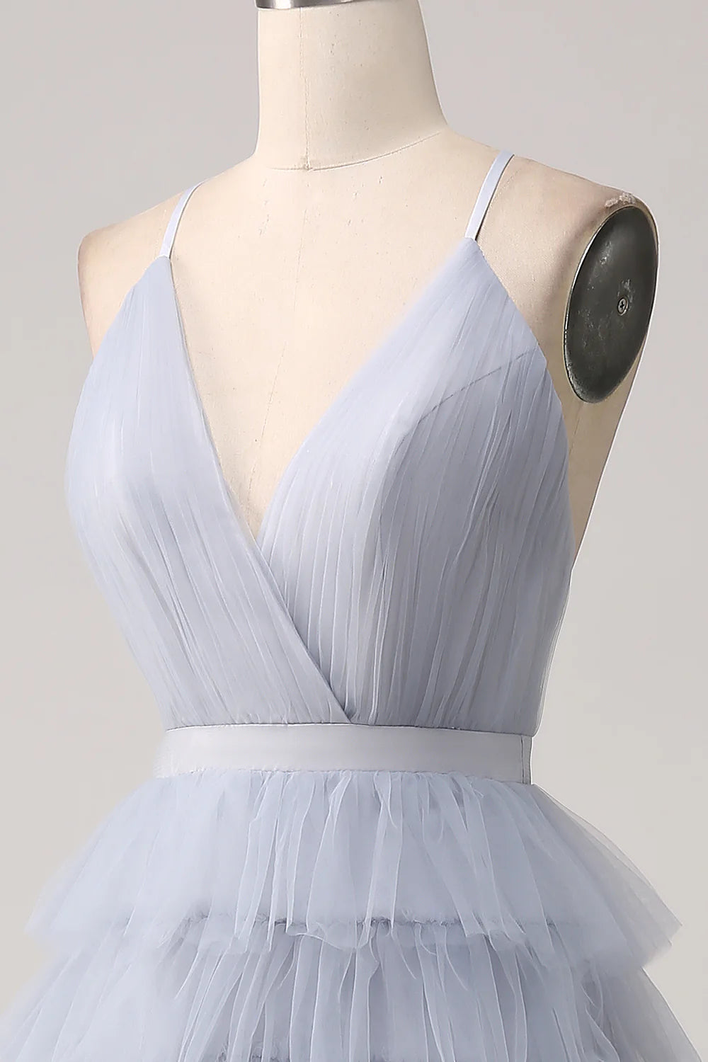 Beaira Grey Blue A Line Tiered Tulle Backless Long Prom Dress