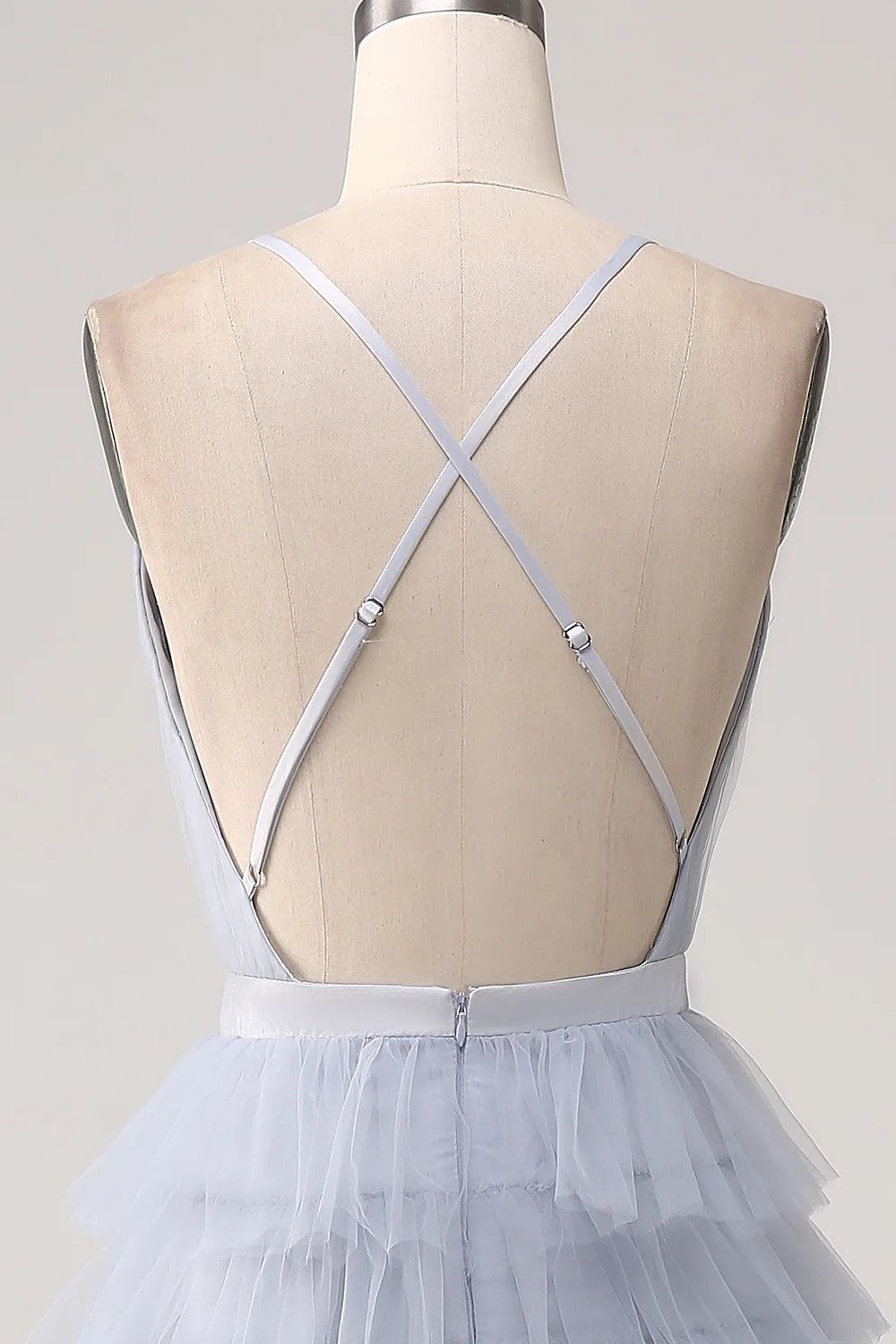Beaira Grey Blue A Line Tiered Tulle Backless Long Prom Dress