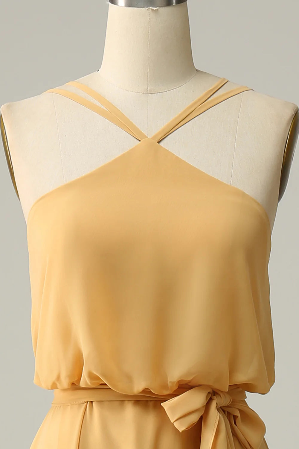Beaira A Line Halter Yellow Long Bridesmaid Dress with Bowknot