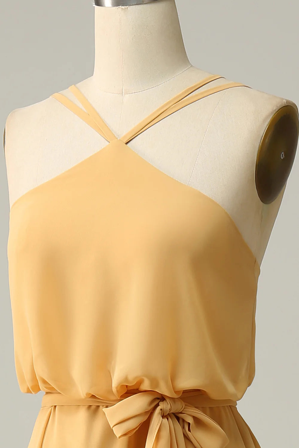Beaira A Line Halter Yellow Long Bridesmaid Dress with Bowknot