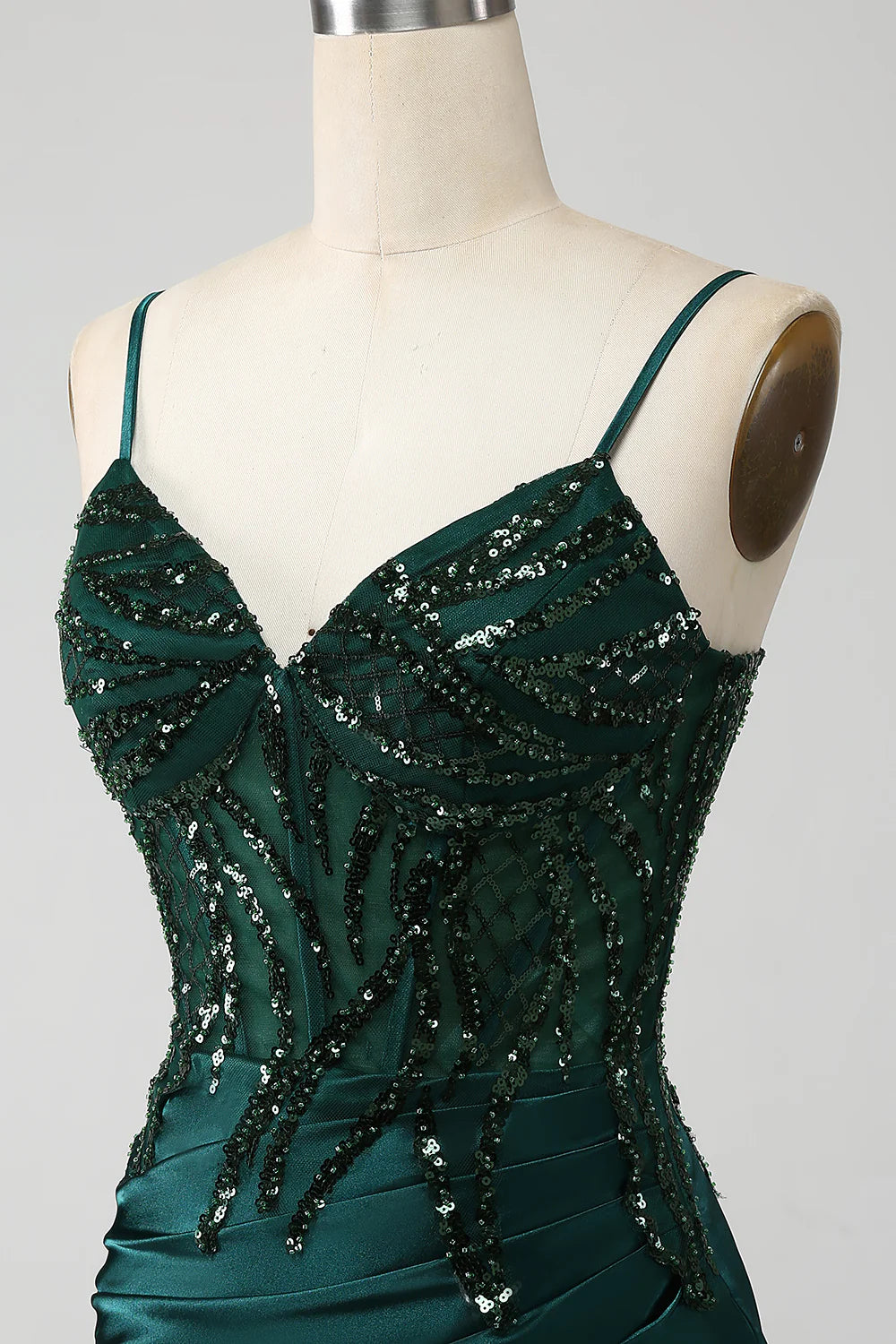Beaira Sparkly Dark Green Mermaid Sequin Pleated Corset Prom Dress With Slit