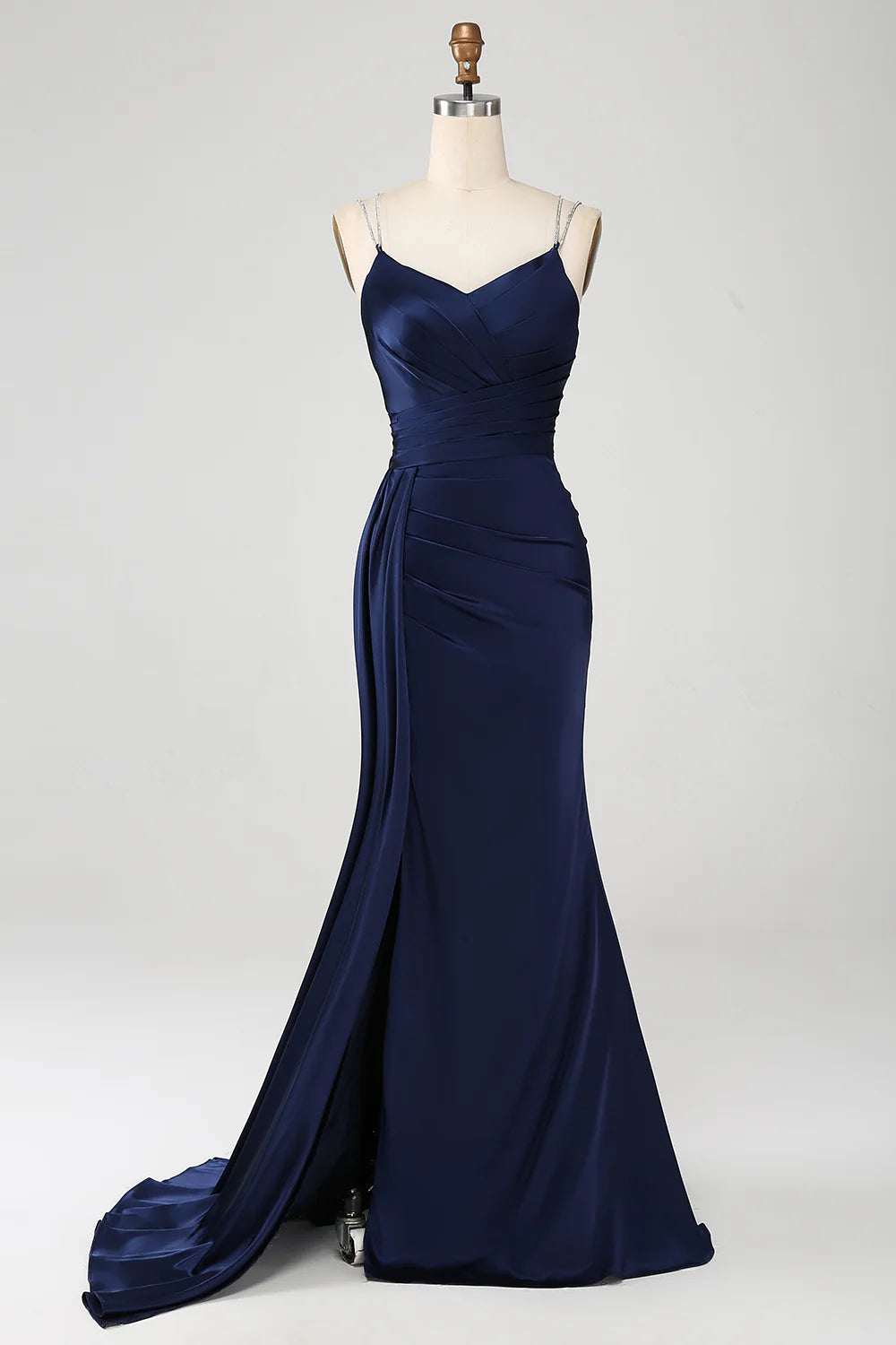 Beaira Navy Mermaid Spaghetti Straps Pleated Corset Long Prom Dress With Slit