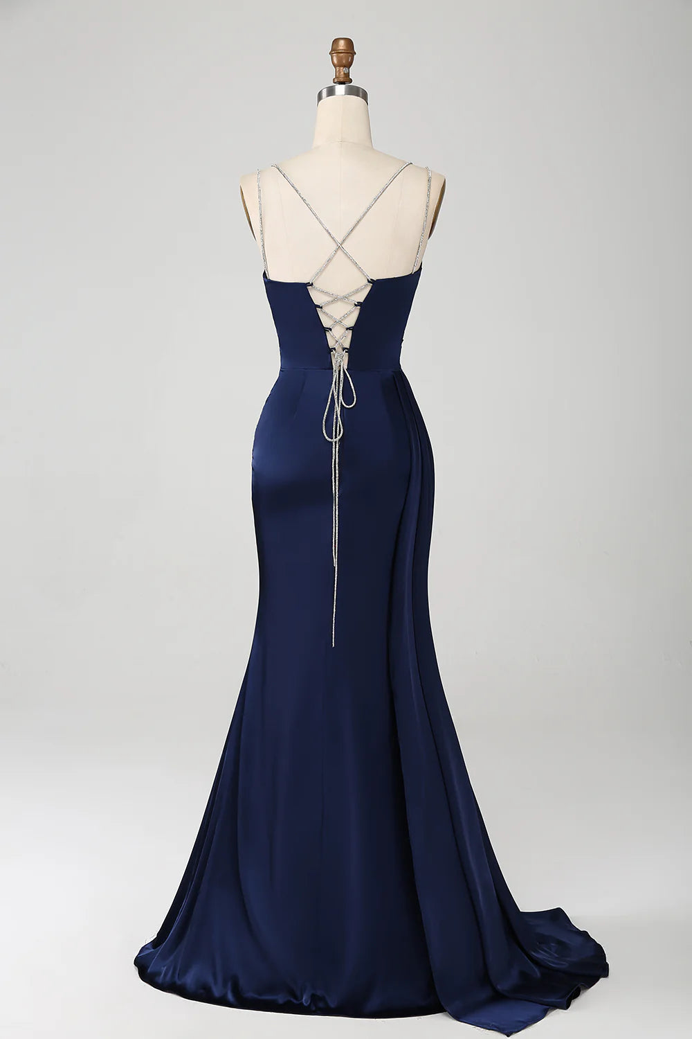 Beaira Navy Mermaid Spaghetti Straps Pleated Corset Long Prom Dress With Slit