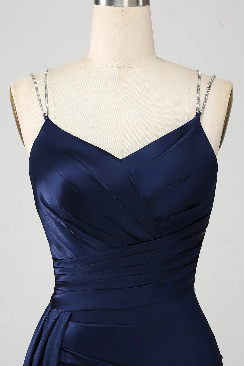 Beaira Navy Mermaid Spaghetti Straps Pleated Corset Long Prom Dress With Slit