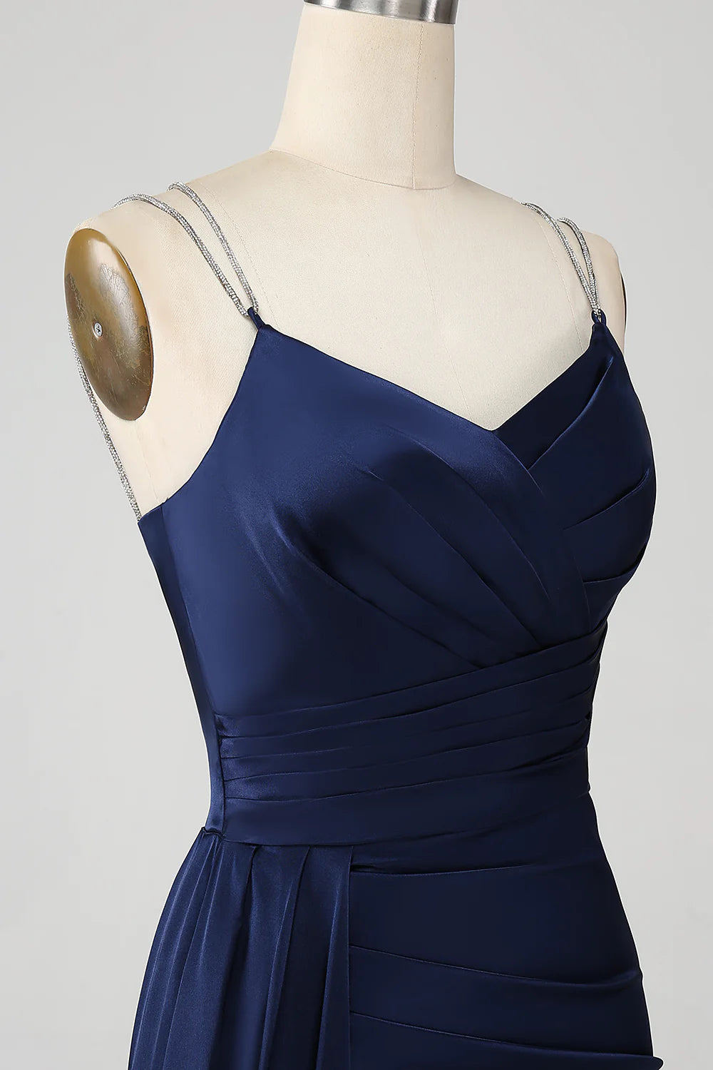Beaira Navy Mermaid Spaghetti Straps Pleated Corset Long Prom Dress With Slit