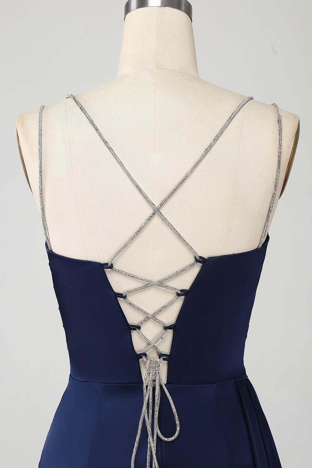 Beaira Navy Mermaid Spaghetti Straps Pleated Corset Long Prom Dress With Slit