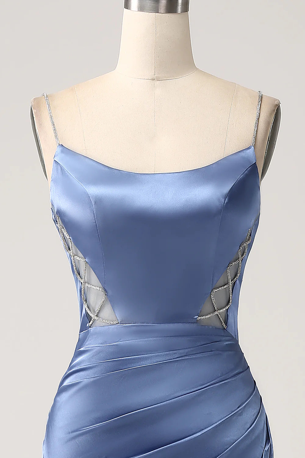 Beaira Mermaid Grey Blue Satin Spaghetti Straps Long Prom Dress