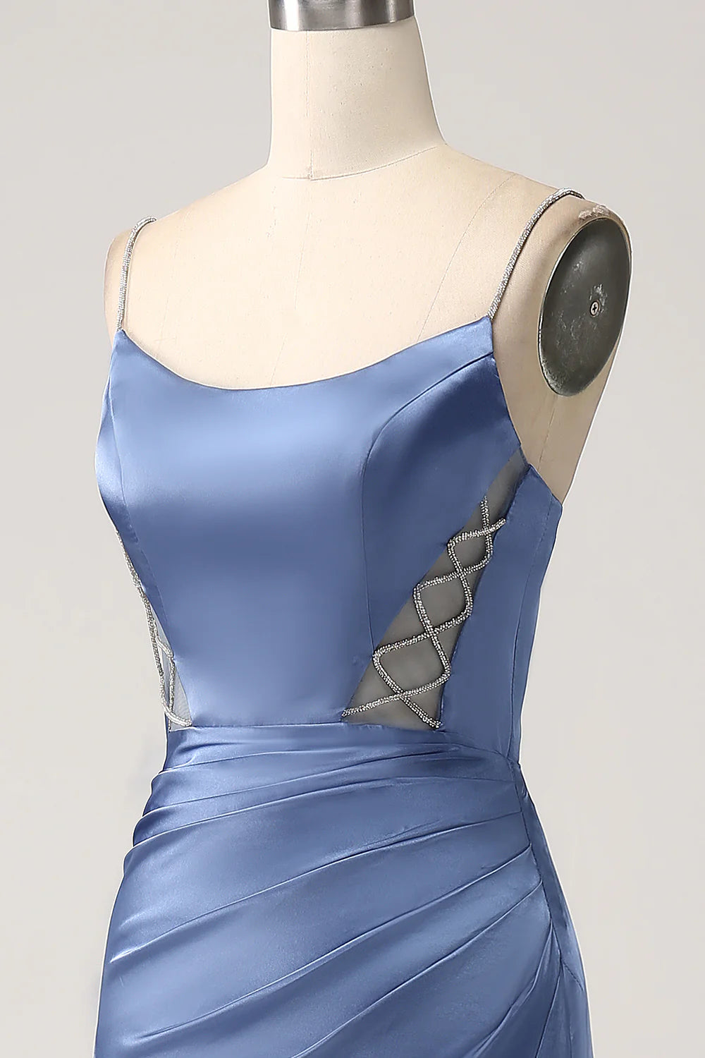 Beaira Mermaid Grey Blue Satin Spaghetti Straps Long Prom Dress