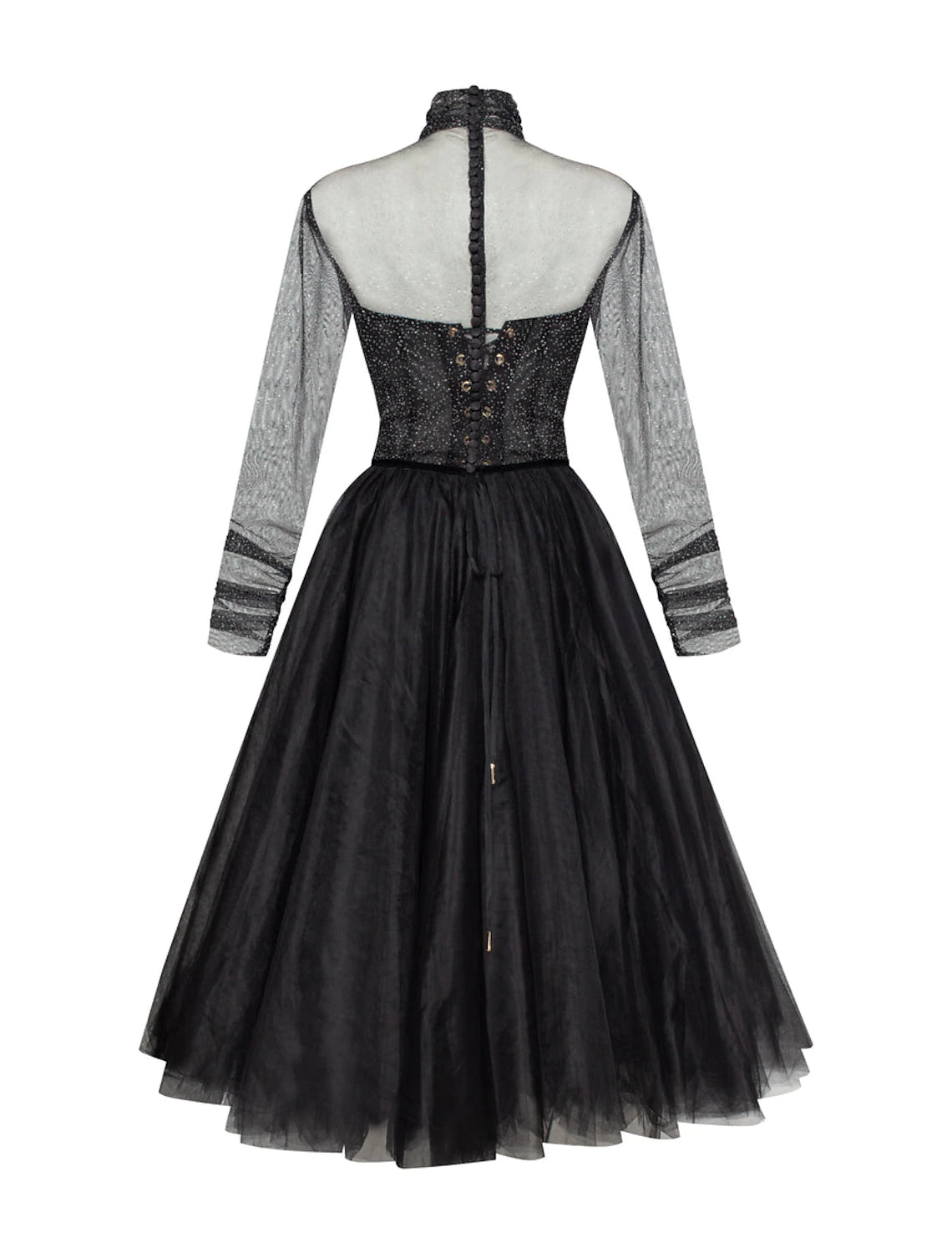 A-Line Cocktail Black Dress Vintage Dress Homecoming Cocktail Party Knee Length Long Sleeve High Neck Wednesday Addams Family Tulle with Pleats