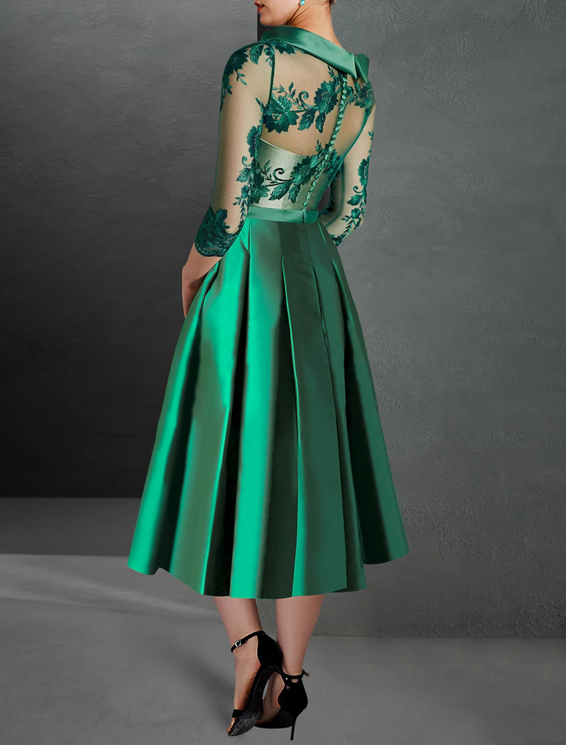 A-Line Cocktail Dress Red Green Dresses Formal Kentucky Derby Tea Length 3/4 Length Sleeve Jewel Neck Fall Wedding Guest Satin with Pleats Appliques