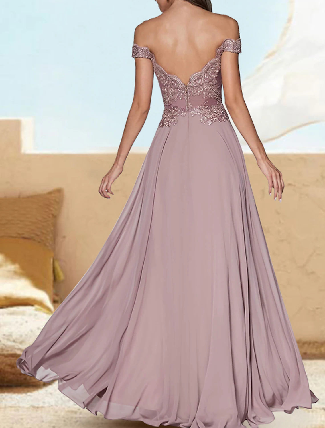 A-Line Evening Gown Luxurious Dress Formal Wedding Guest Floor Length Short Sleeve Off Shoulder Chiffon with Appliques Pure Color