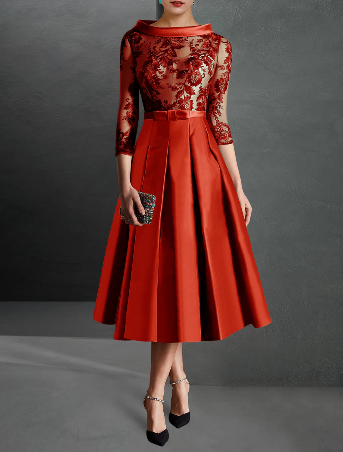 A-Line Cocktail Dress Red Green Dresses Formal Kentucky Derby Tea Length 3/4 Length Sleeve Jewel Neck Fall Wedding Guest Satin with Pleats Appliques