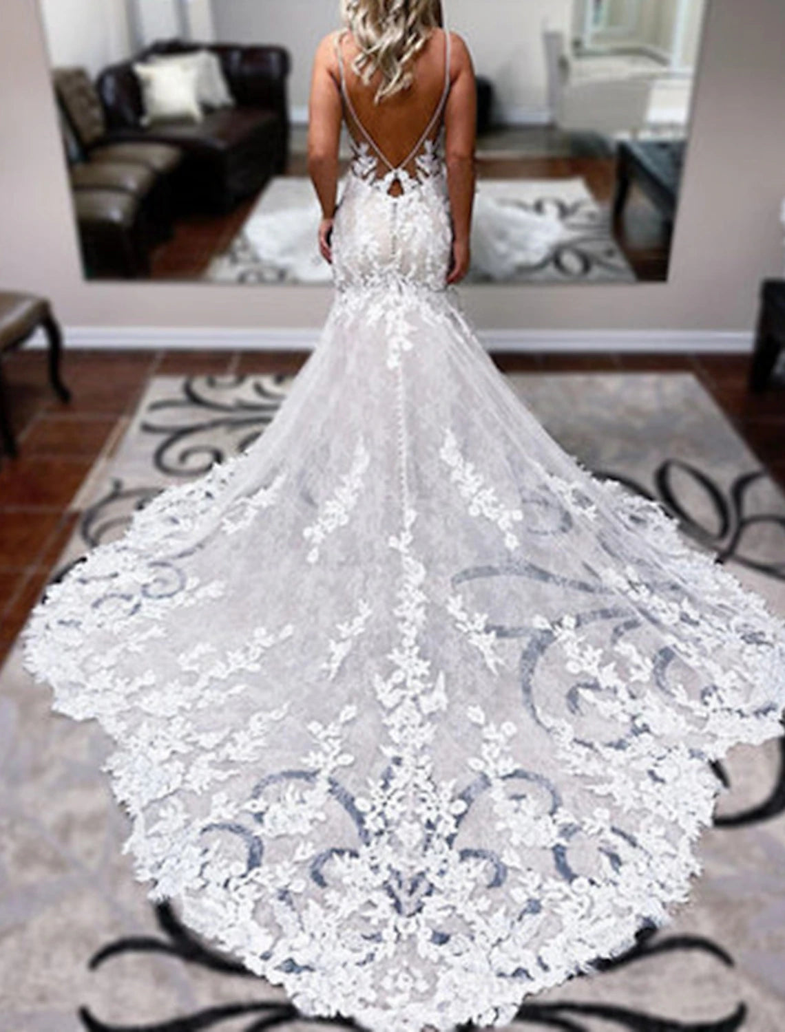 Engagement Formal Wedding Dresses Mermaid / Trumpet Sweetheart Camisole Spaghetti Strap Chapel Train Lace Bridal Gowns With Appliques