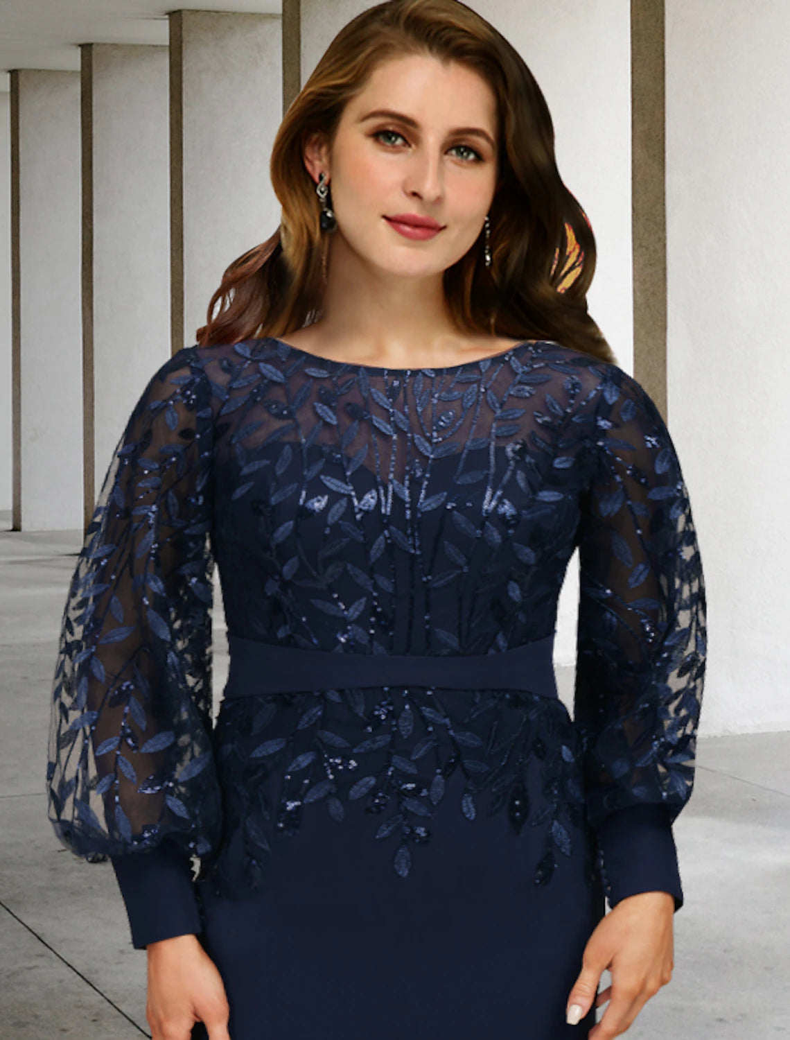 Mermaid / Trumpet Mother of the Bride Dresses Plus Size Hide Belly Curve Vintage Dress Formal Sweep / Brush Train Long Sleeve Jewel Neck Chiffon with Sequin Ruffles