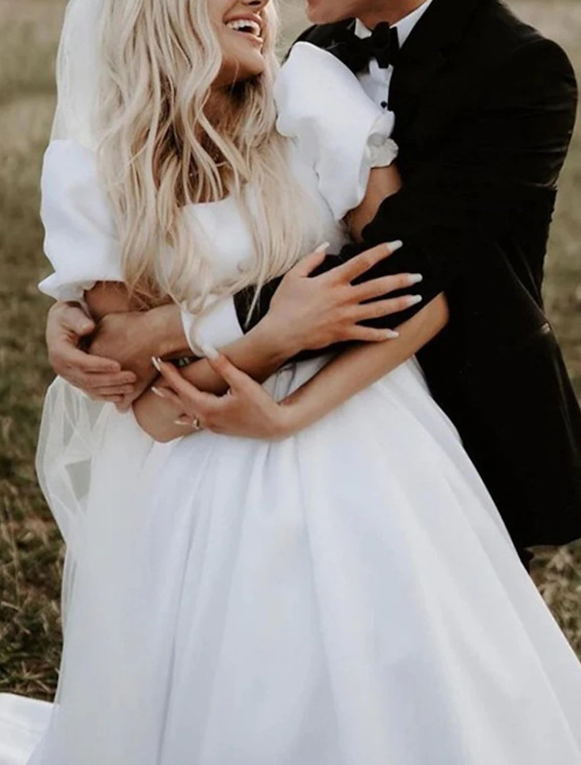 Formal Fall Wedding Dresses Ball Gown Square Neck Short Sleeve Chapel Train Satin Bridal Gowns With Solid Color