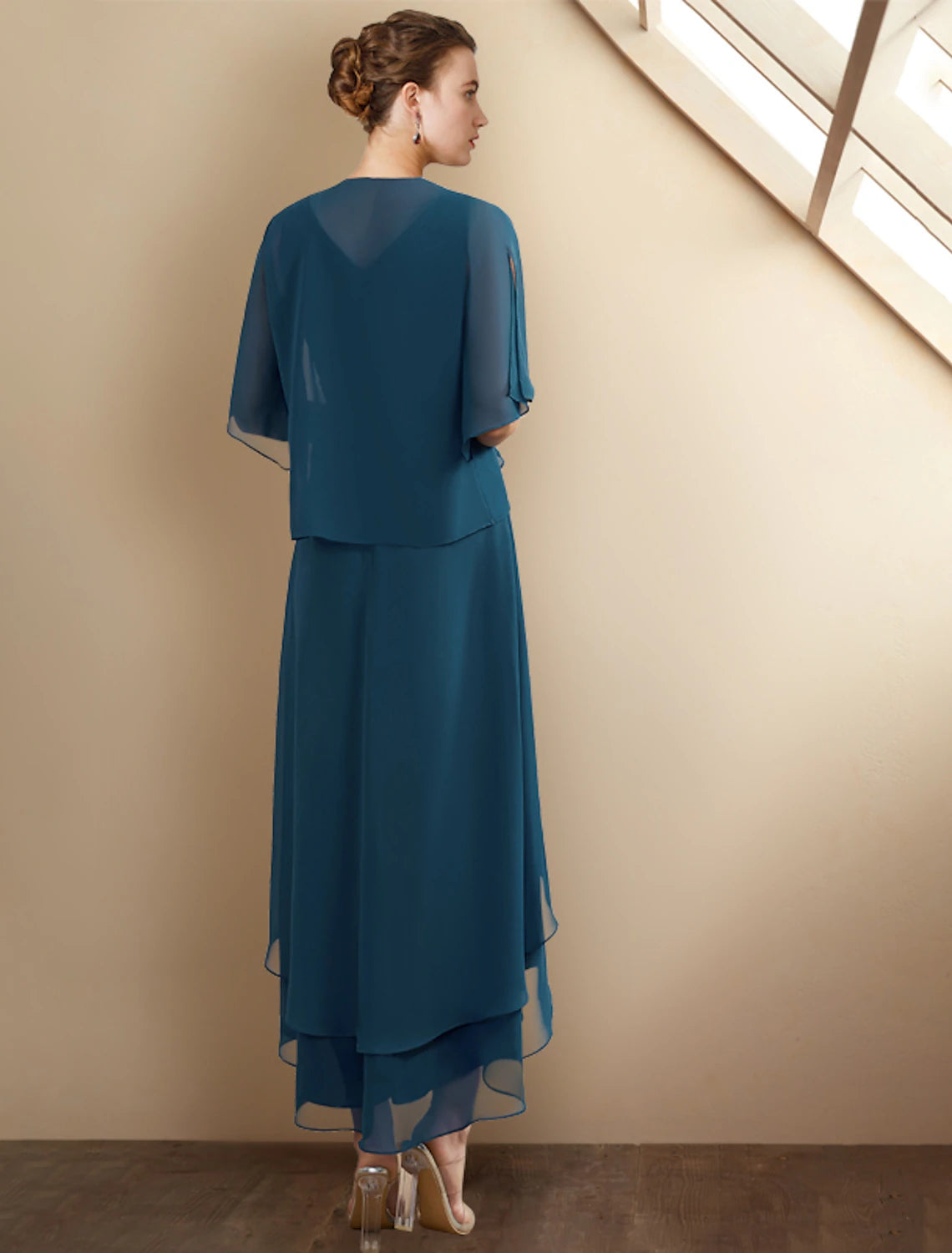 A-Line Mother of the Bride Dress Elegant High Low V Neck Asymmetrical Tea Length Chiffon Sleeveless Wrap Included with Beading Cascading Ruffles Side-Draped