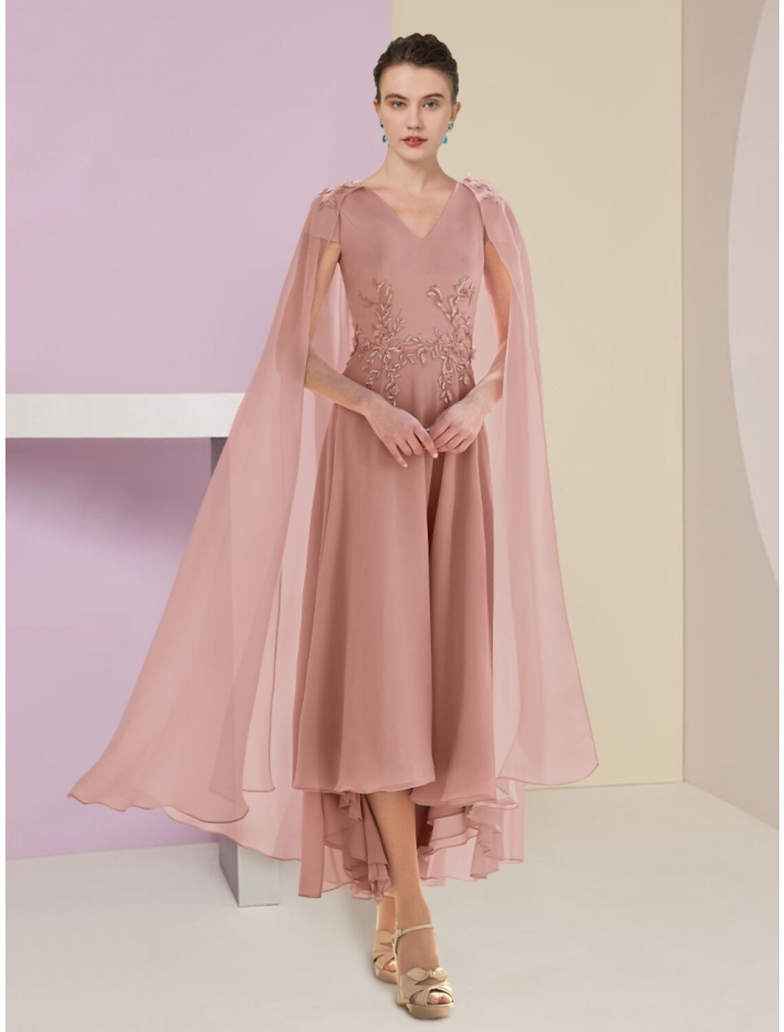 A-Line Mother of the Bride Dress Wedding Guest Elegant V Neck Asymmetrical Ankle Length Chiffon Lace Short Sleeve with Ruching Solid Color