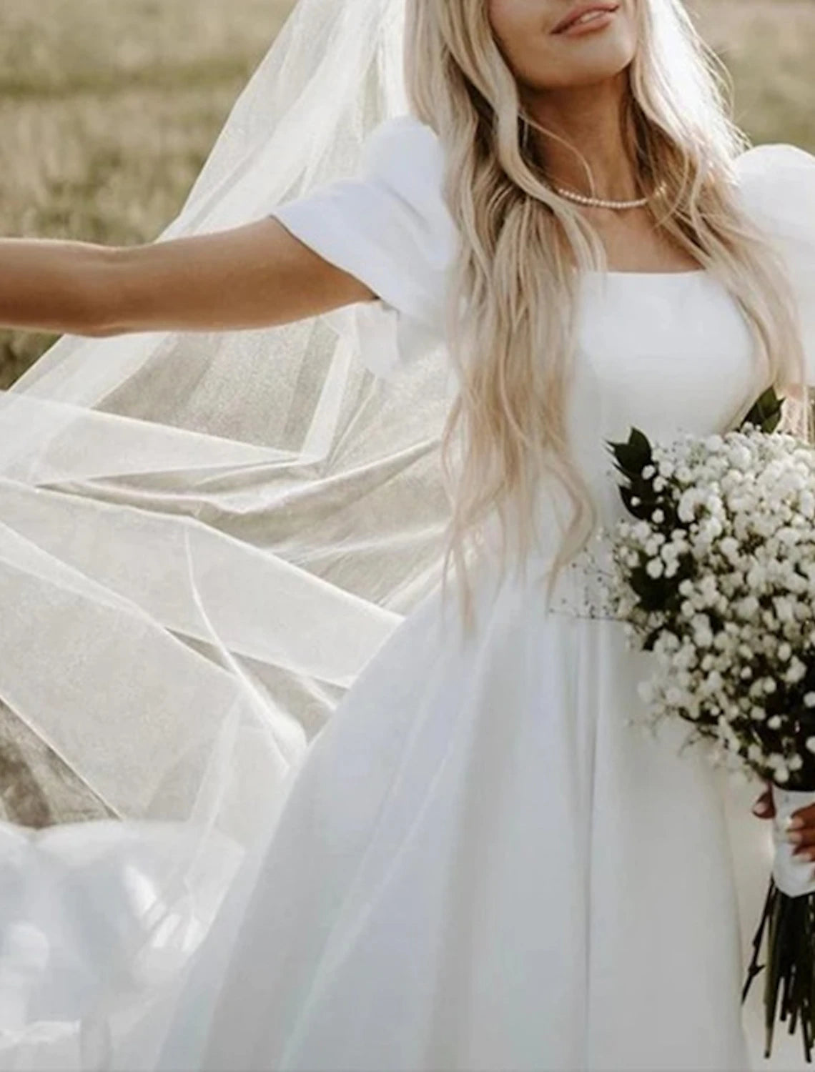 Formal Fall Wedding Dresses Ball Gown Square Neck Short Sleeve Chapel Train Satin Bridal Gowns With Solid Color