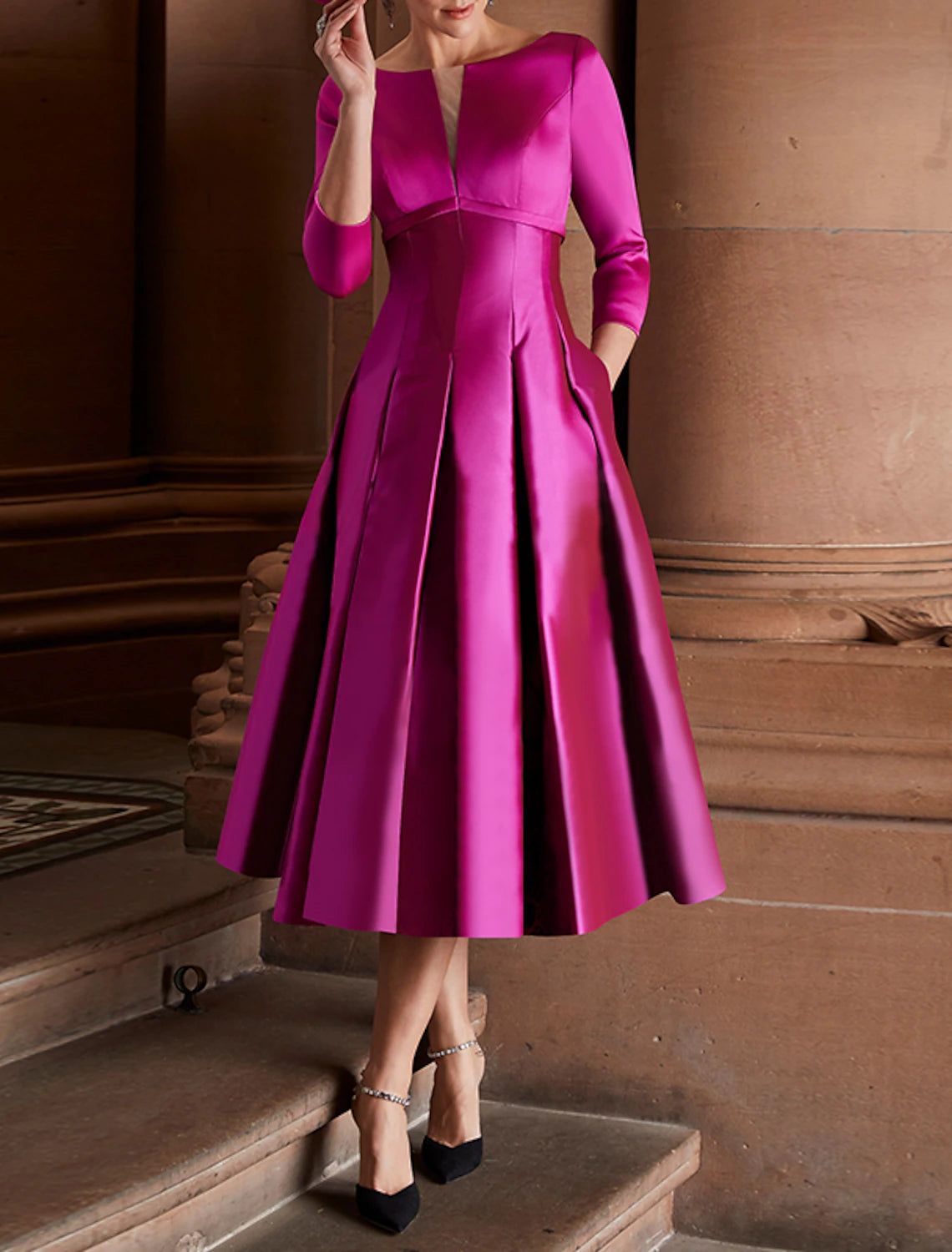 A-Line Cocktail Dresses Minimalist Dress Red Green Dress Wedding Guest Tea Length 3/4 Length Sleeve Jewel Neck Fall Wedding Guest Satin with Pleats