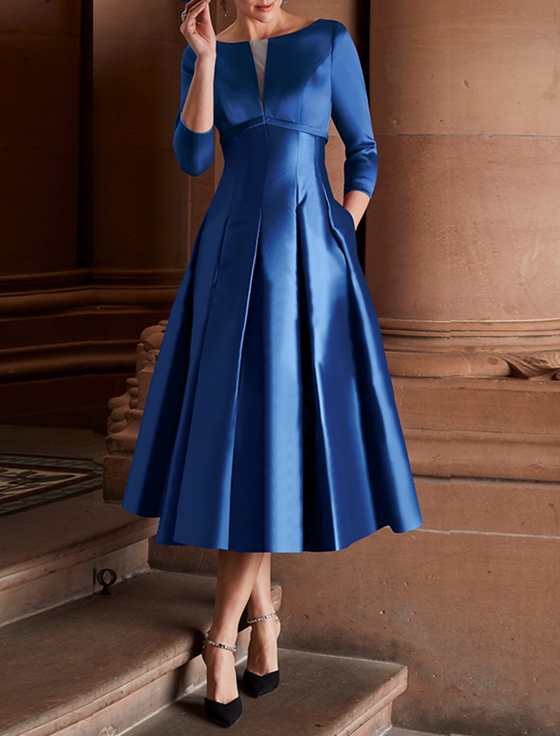 A-Line Cocktail Dresses Minimalist Dress Red Green Dress Wedding Guest Tea Length 3/4 Length Sleeve Jewel Neck Fall Wedding Guest Satin with Pleats