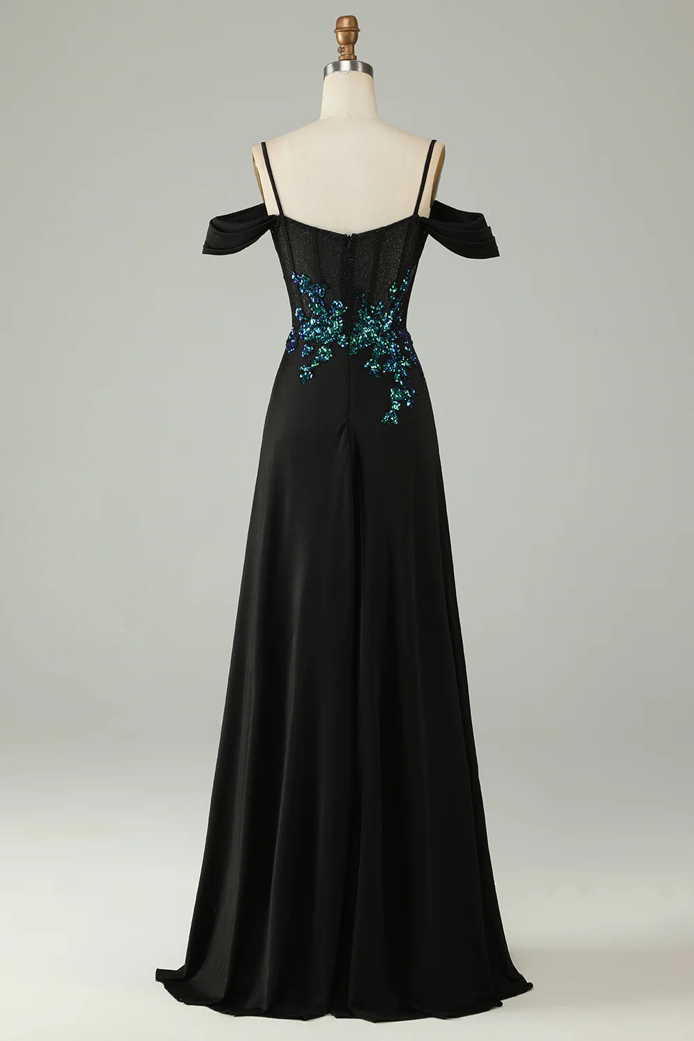 Beaira Cold Shoulder Black Sequins Corset Long Prom Dress