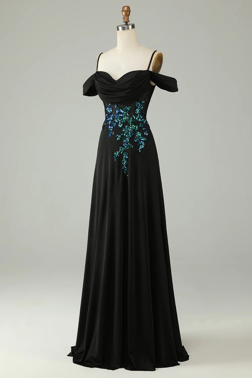 Beaira Cold Shoulder Black Sequins Corset Long Prom Dress
