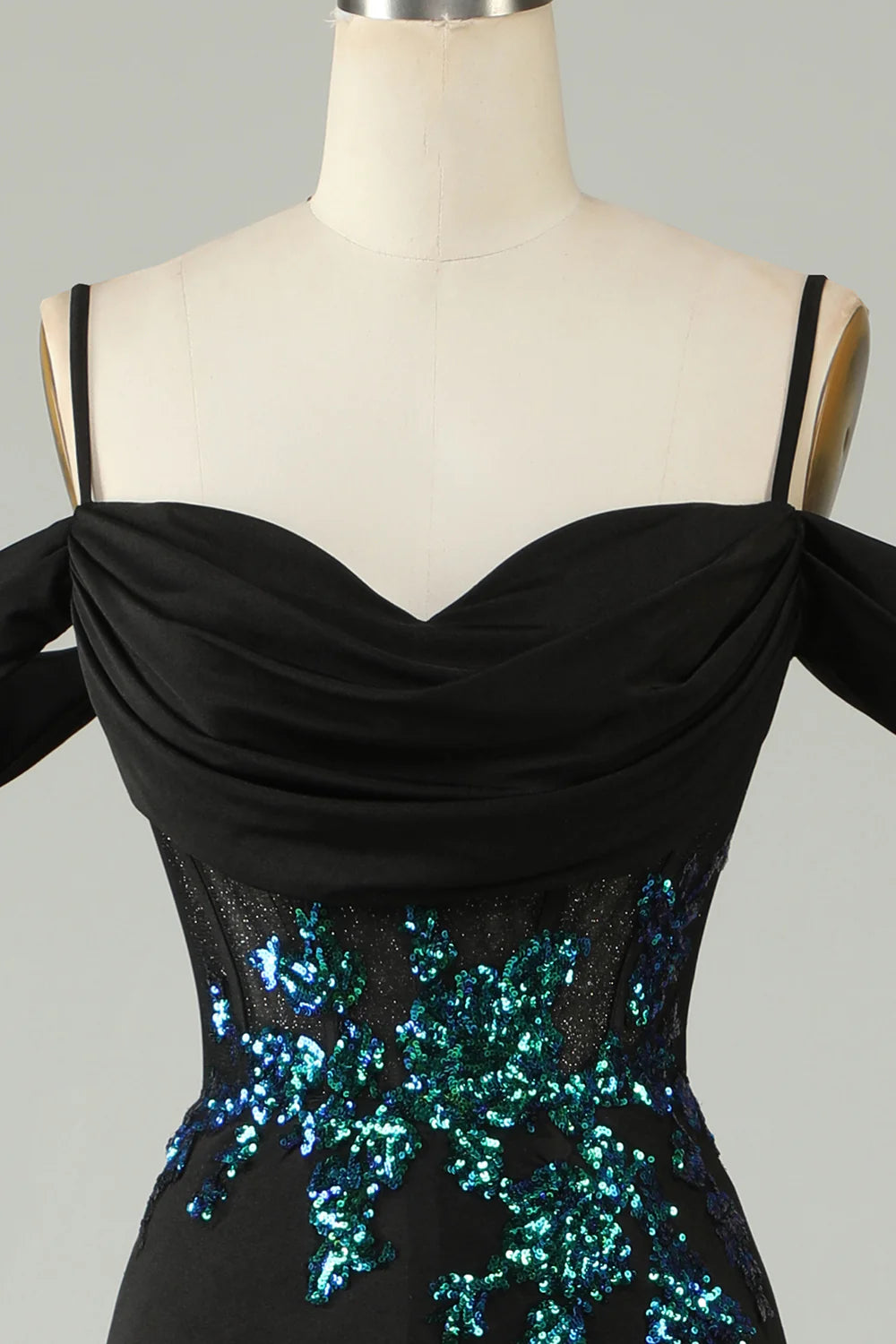 Beaira Cold Shoulder Black Sequins Corset Long Prom Dress