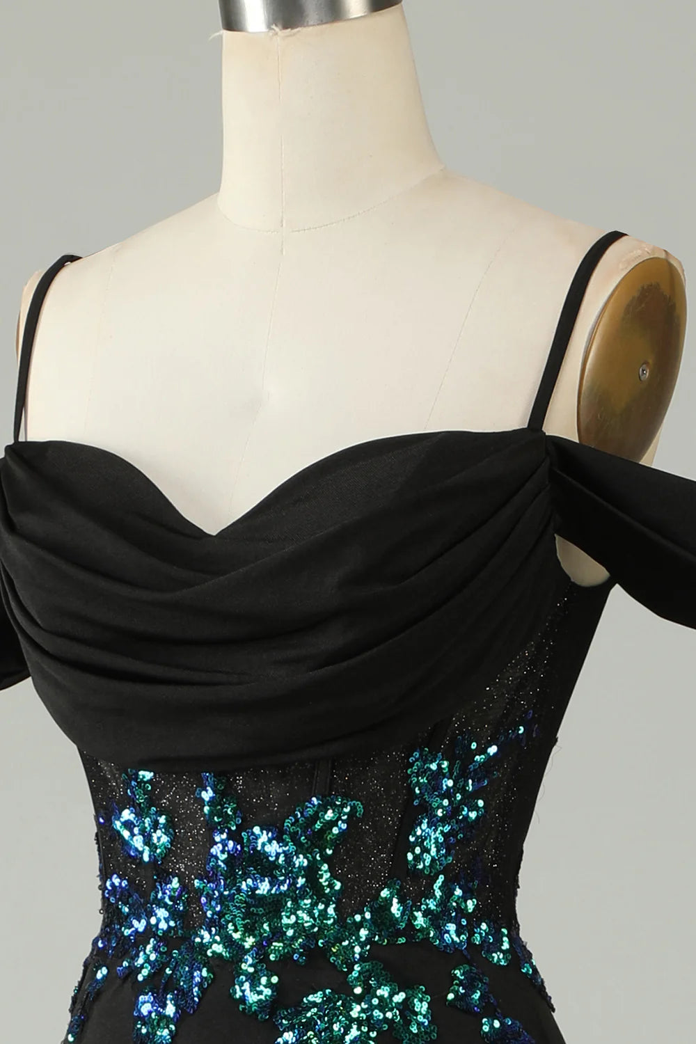Beaira Cold Shoulder Black Sequins Corset Long Prom Dress