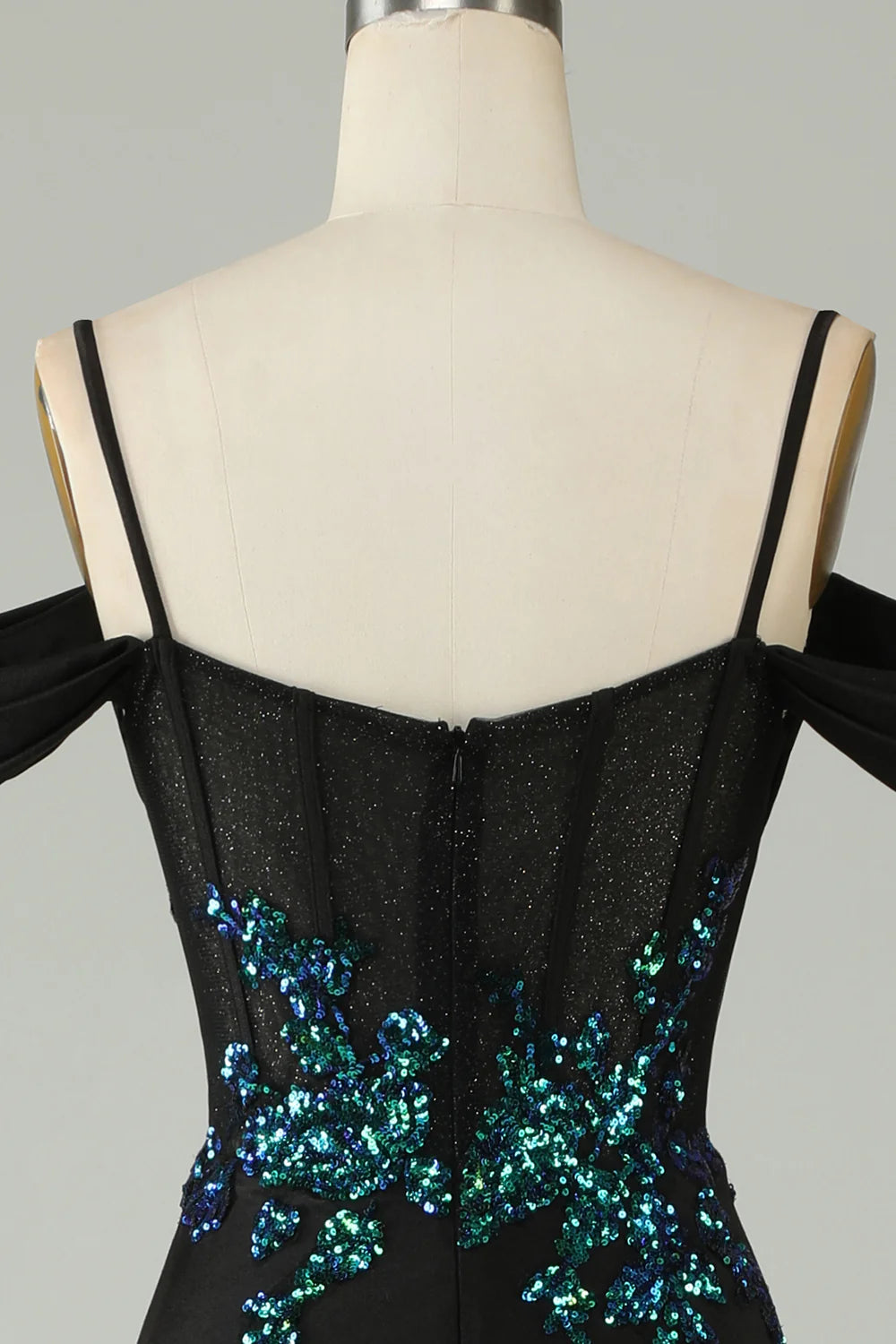 Beaira Cold Shoulder Black Sequins Corset Long Prom Dress