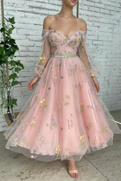 Pink Tulle Lace Short Prom Dress Long Sleeve Evening Graduation Dress