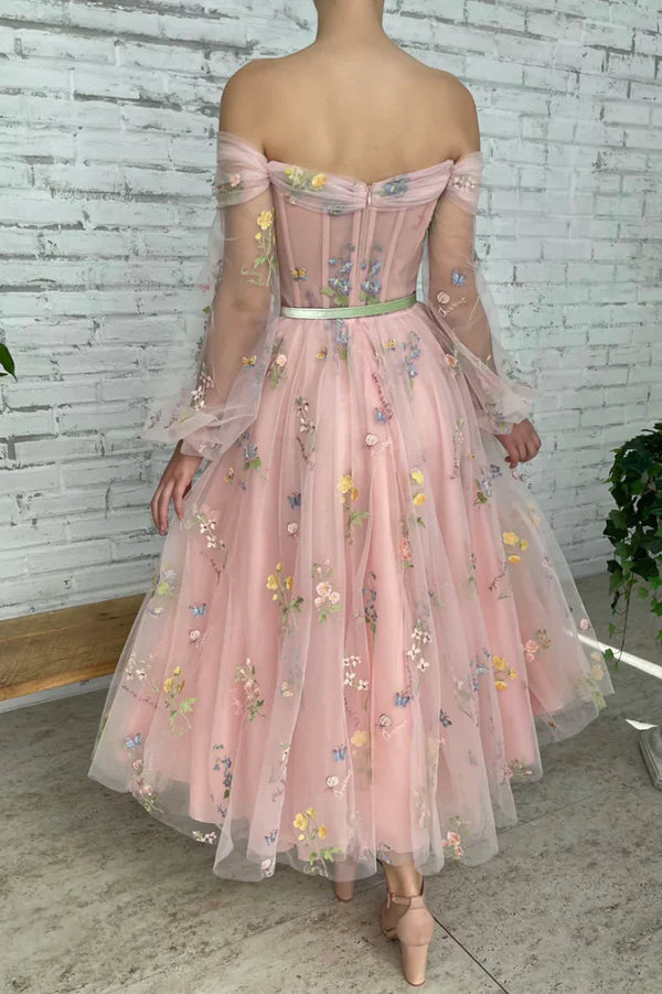 Pink Tulle Lace Short Prom Dress Long Sleeve Evening Graduation Dress