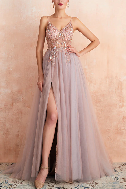 V-neck Grey Pink Tulle Prom Dress