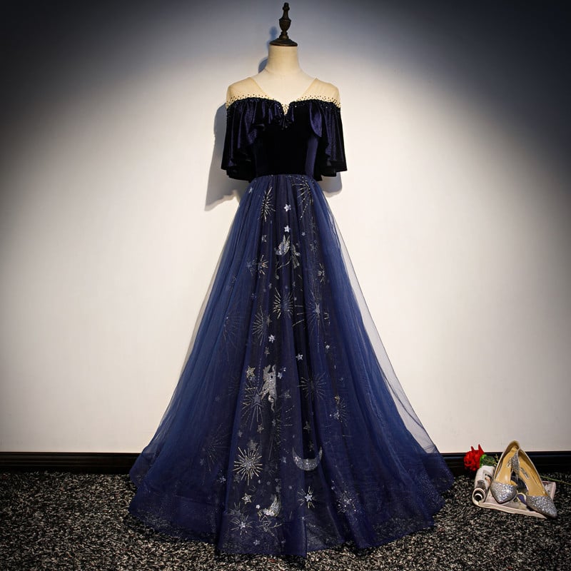 Beaira Navy Blue Velvet and Tulle Long Party Dress A-line Blue Evening Dress prom dresses shops