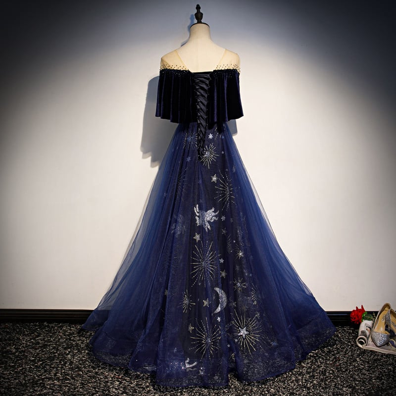 Beaira Navy Blue Velvet and Tulle Long Party Dress A-line Blue Evening Dress prom dresses shops