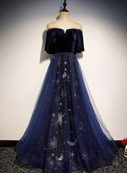 Beaira Navy Blue Velvet and Tulle Long Party Dress A-line Blue Evening Dress prom dresses shops