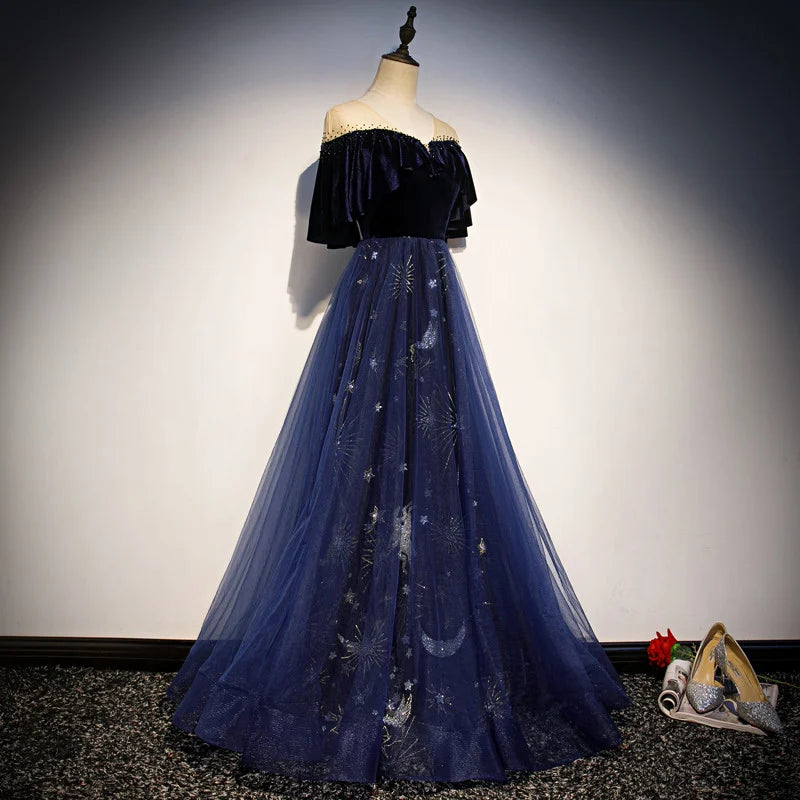 Beaira Navy Blue Velvet and Tulle Long Party Dress A-line Blue Evening Dress prom dresses shops