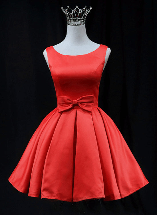 Beaira Red Satin Round Neckline Prom Homecoming Dress Red Short Party Dress prom dresses shops